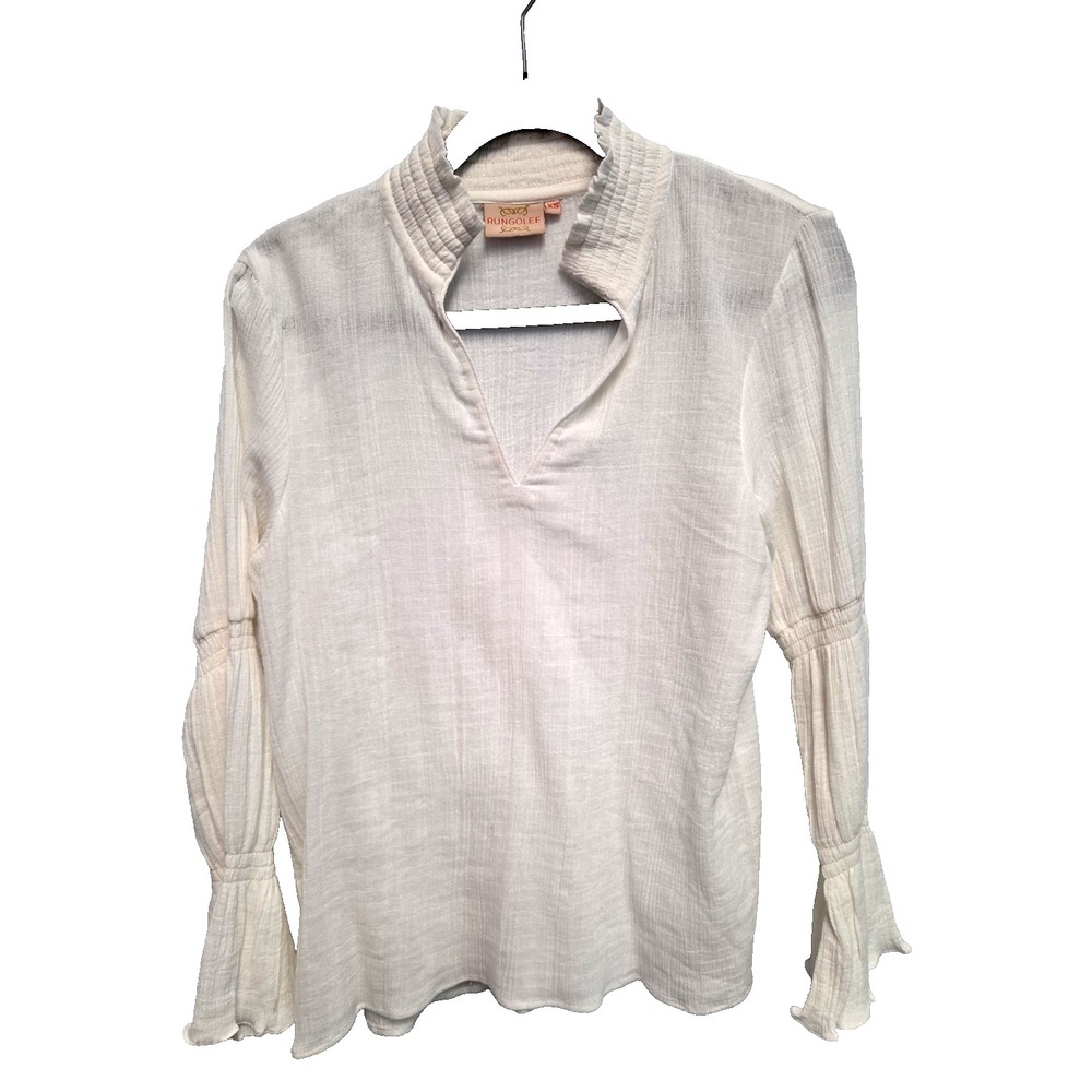 Rungolee Womens XS Top Ivory Long Bell Sleeve Gauze Cotton Boho NEW